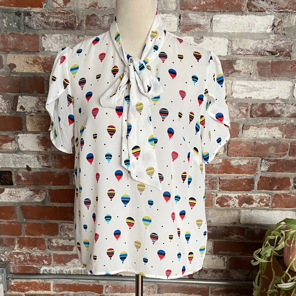Modcloth White Blouse with Colorful Balloon Print Tie Front Cute Sleeves